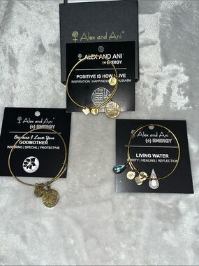 Alex and Ani Gold Charm Bangle Bracelet Set with Blue Teardrop Accent